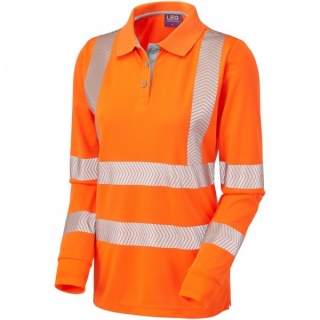 Leo Workwear PL08-O Pollyfield ISO 20471 Class 2 Coolviz Plus Ladies Sleeved RIS-3279-TOM Hi Vis Polo Shirt Orange